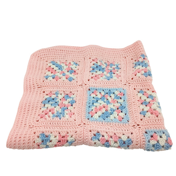Handmade Crochet Baby Afghan Knitted Blanket Swaddle Lap Throw ~ White Blue Pink - Picture 1 of 9